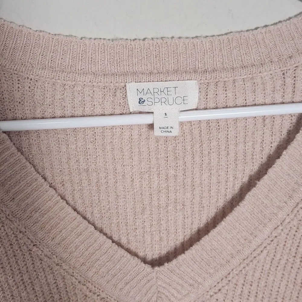 Market & Spruce Women's V Neck Knit Sweater Blush Pink Soft Pullover Small